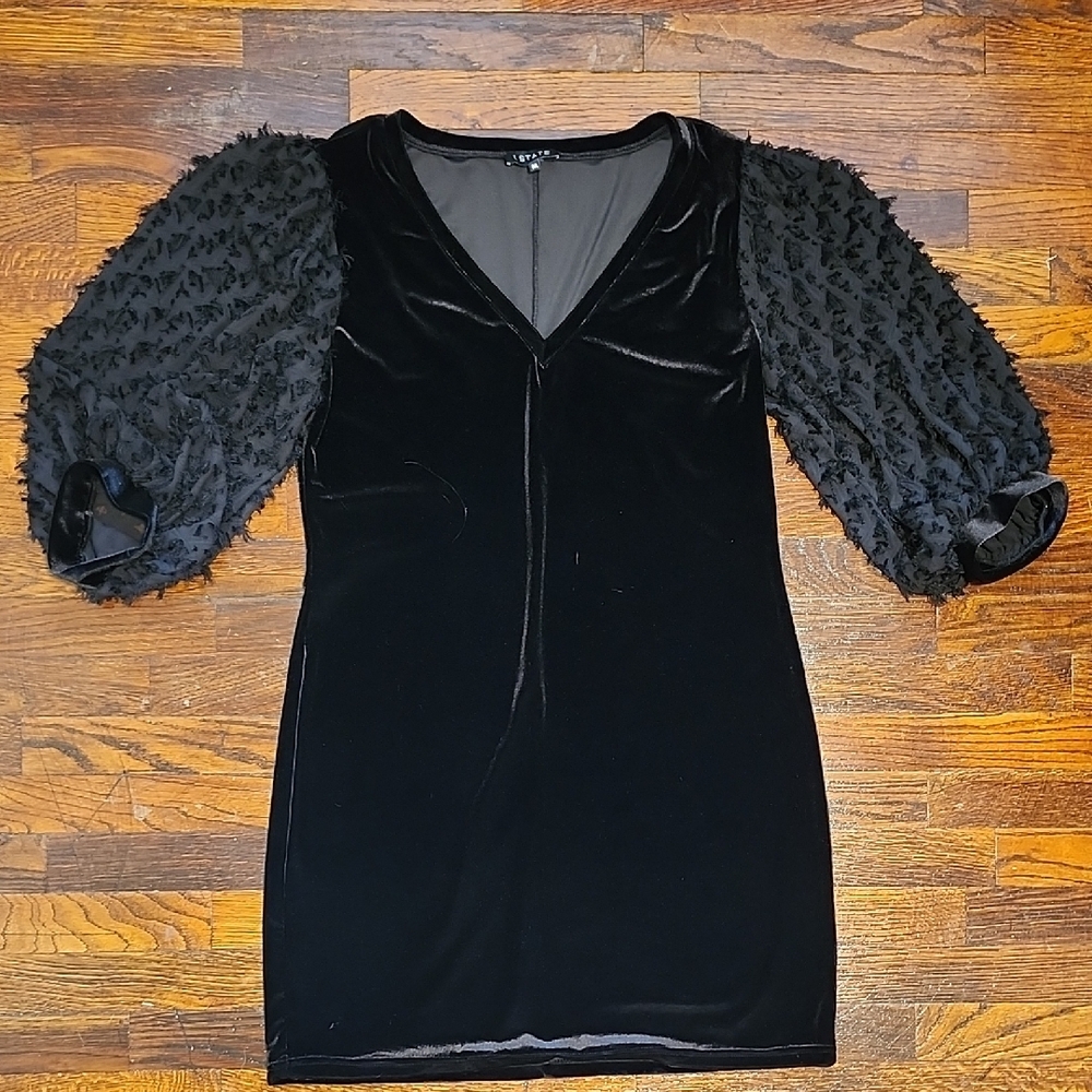 1. State Black Velvet Party Dress with Textured Puff Balloon Sleeves Deep VNeck
